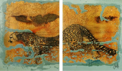 Modern Art from artist - Jan COUTTS - Cheetah Savannah Downpour (Diptych) 