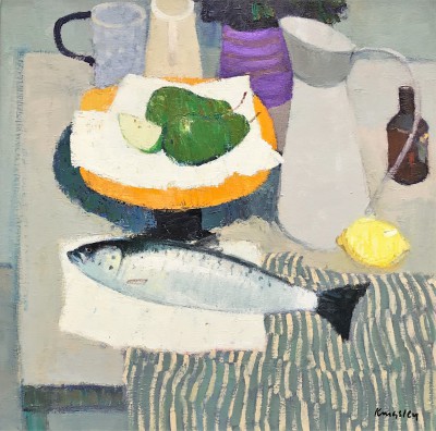 Modern Artist John KINGSLEY - Still Life with Fish, Fruit and Jugs