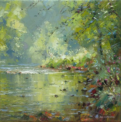 Modern Artist Rex PRESTON - Reflections, River Wye, Derbyshire