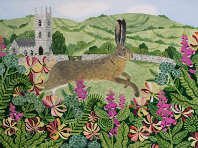 Modern Art from artist - Vanessa BOWMAN - Leaping Hare and Foxgloves